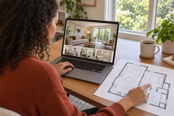 Prospective renter compares apartment photos on a laptop with a printed floor plan before scheduling a tour.