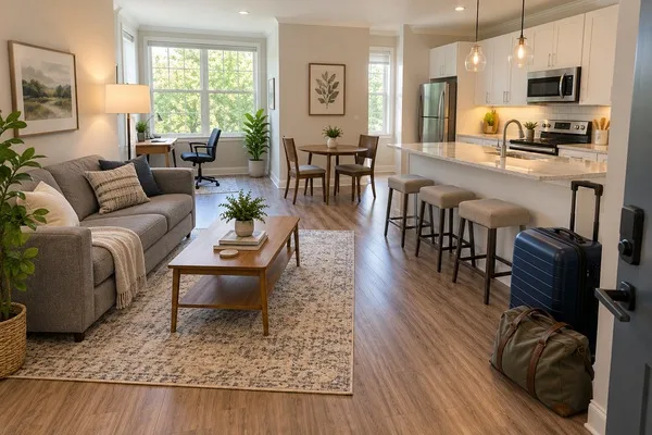 Furnished apartment with a living area, workspace, open kitchen, and luggage by the entrance for a short-term stay.